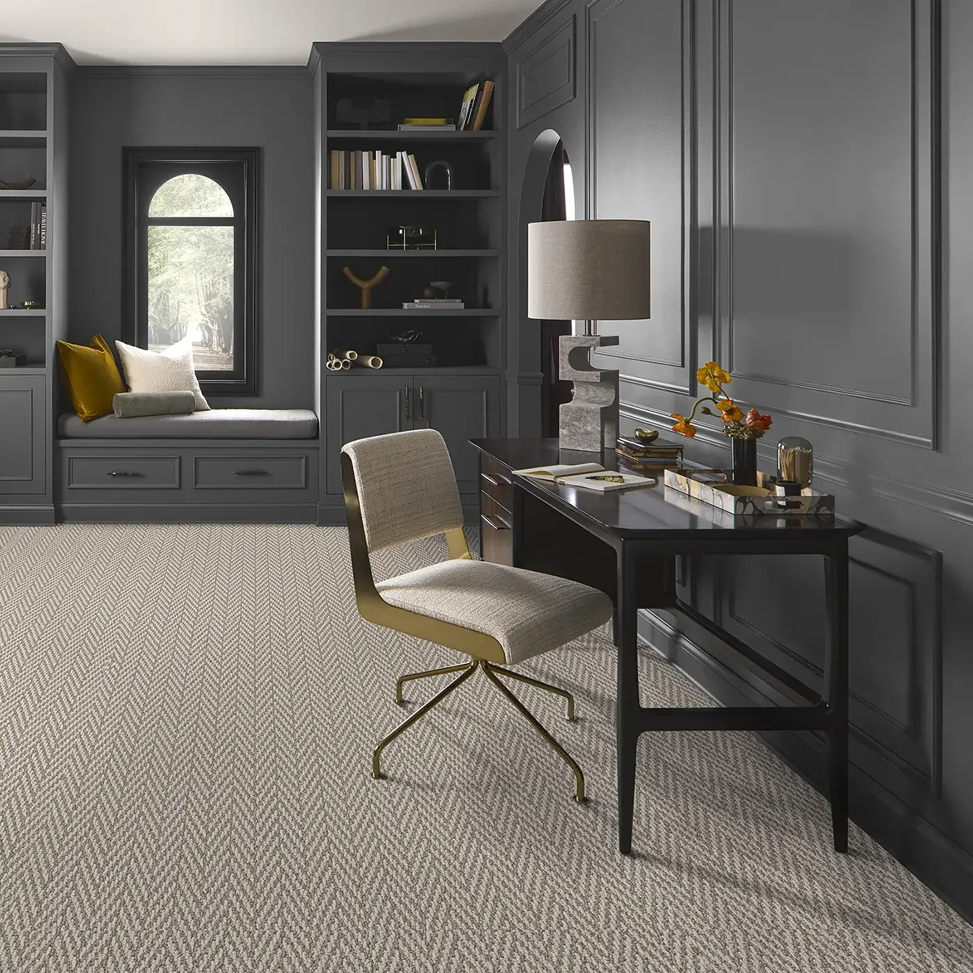 Shaw Floors tan patterned carpet in a residential office | Kirkland's Flooring