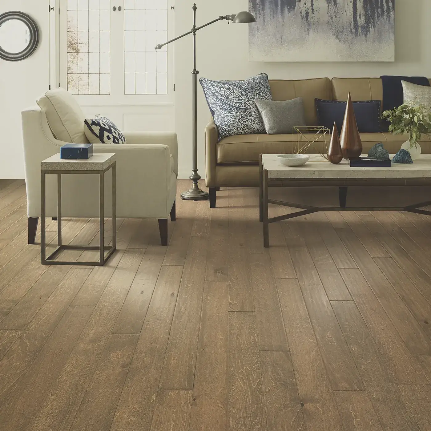 Light brown hardwood in a living room featuring | Kirkland's Flooring