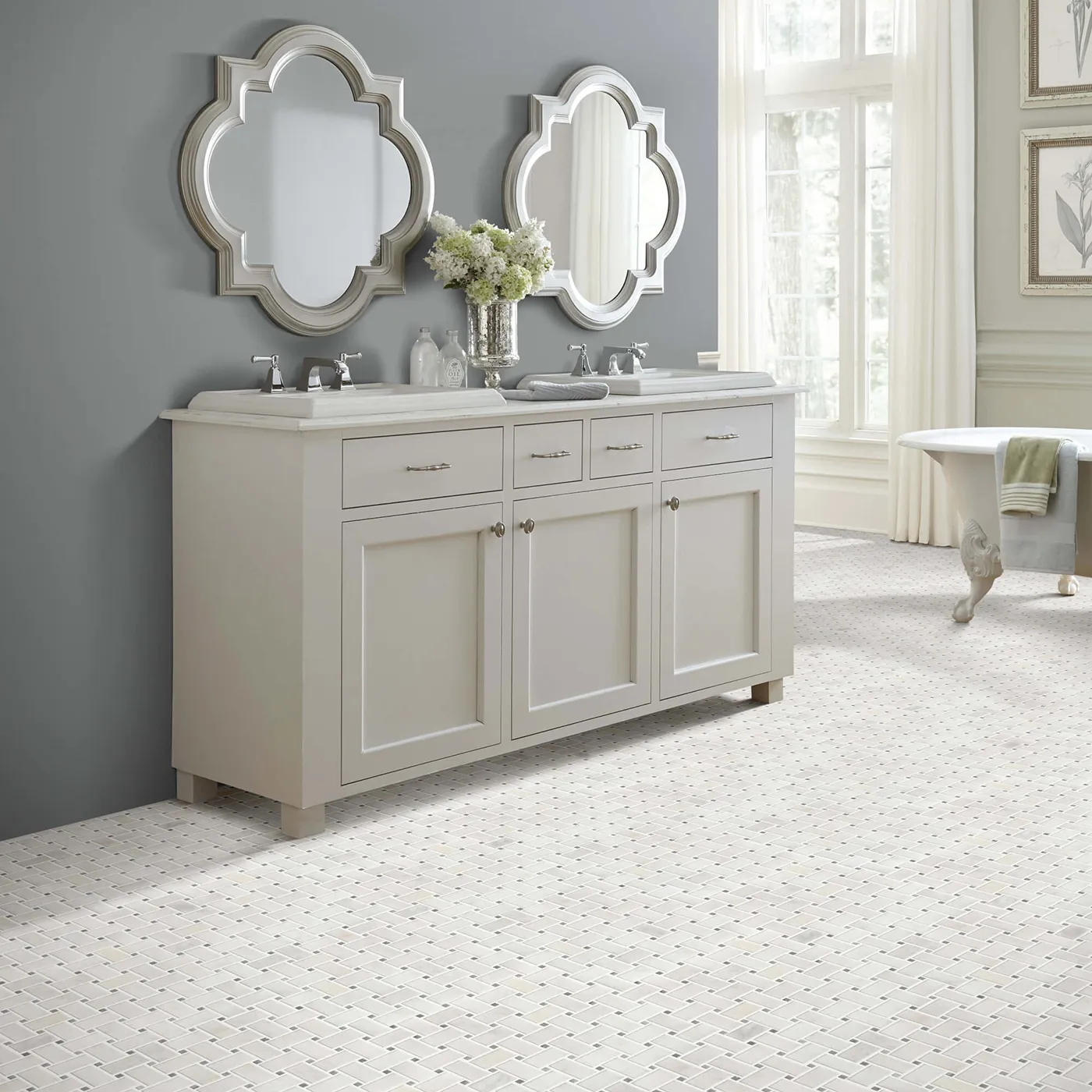 Shaw Floors Channel white basket weave mosaic tile in a bathroom | Kirkland's Flooring