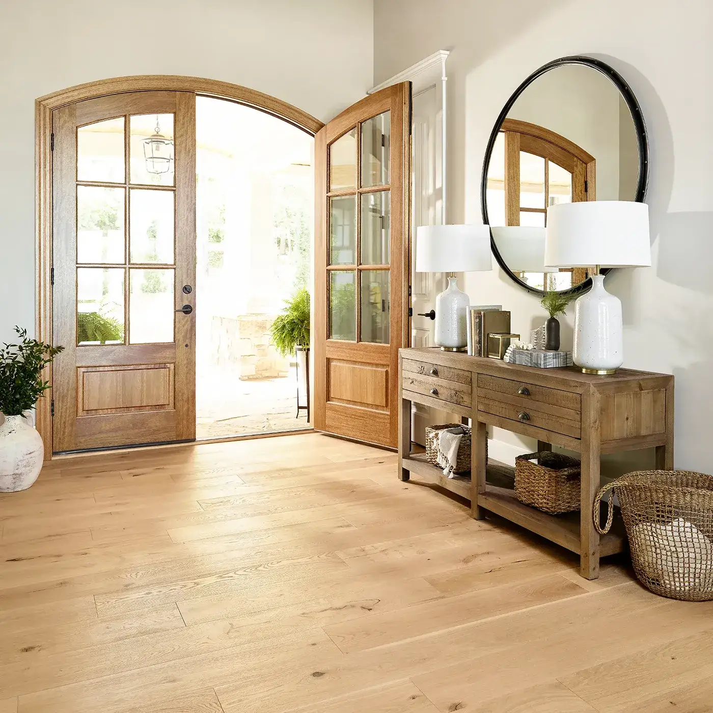 Shaw Floors light hardwood in an entryway with large wooden double doorsy | Kirkland's Flooring