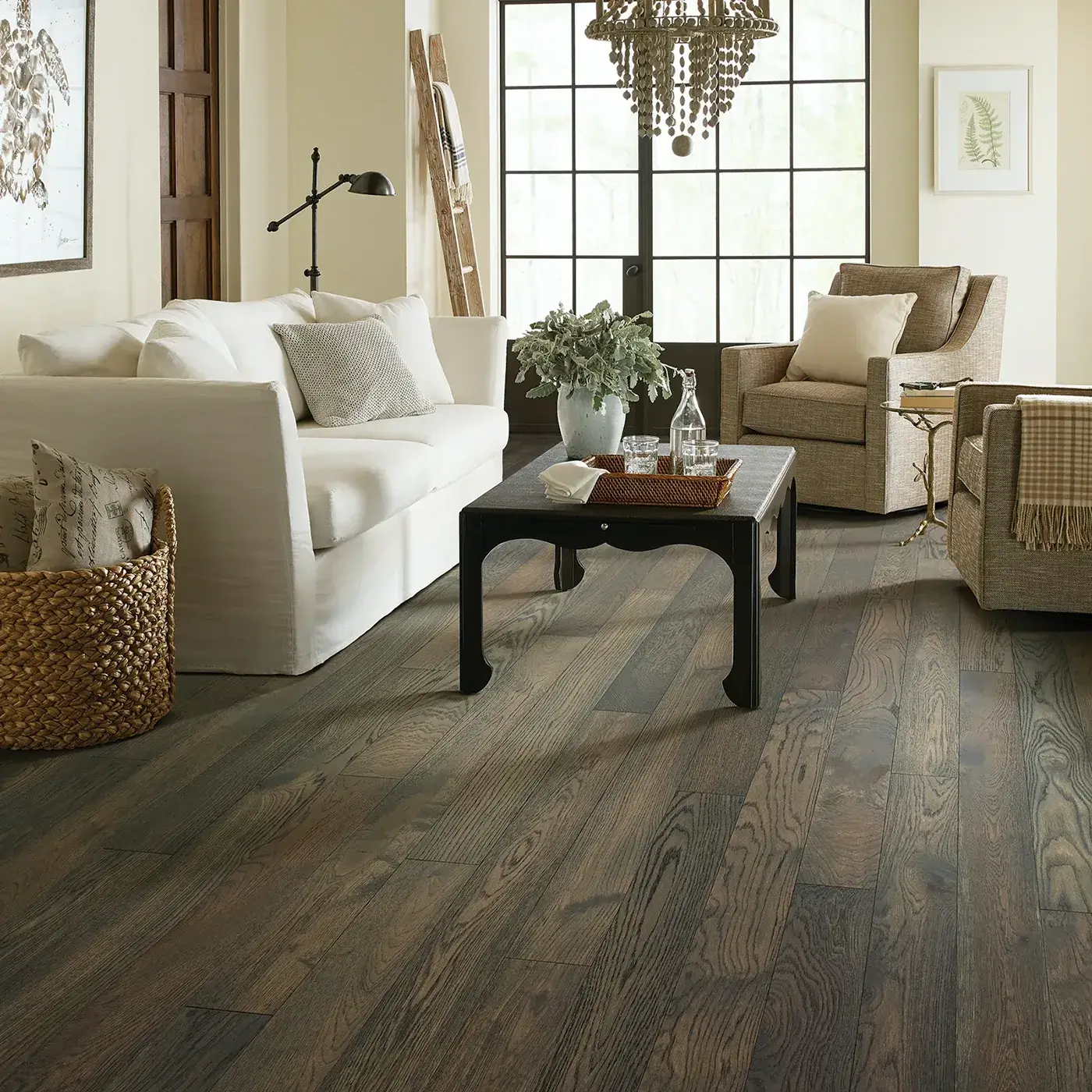 Dark gray hardwood in a living room | Kirkland's Flooring