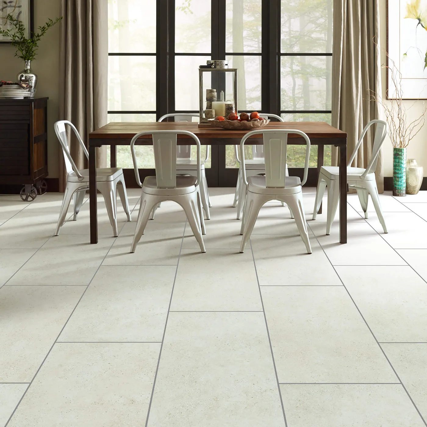 Shaw Floors Avorio large rectangular light beige tile in a dining room | Kirkland's Flooring