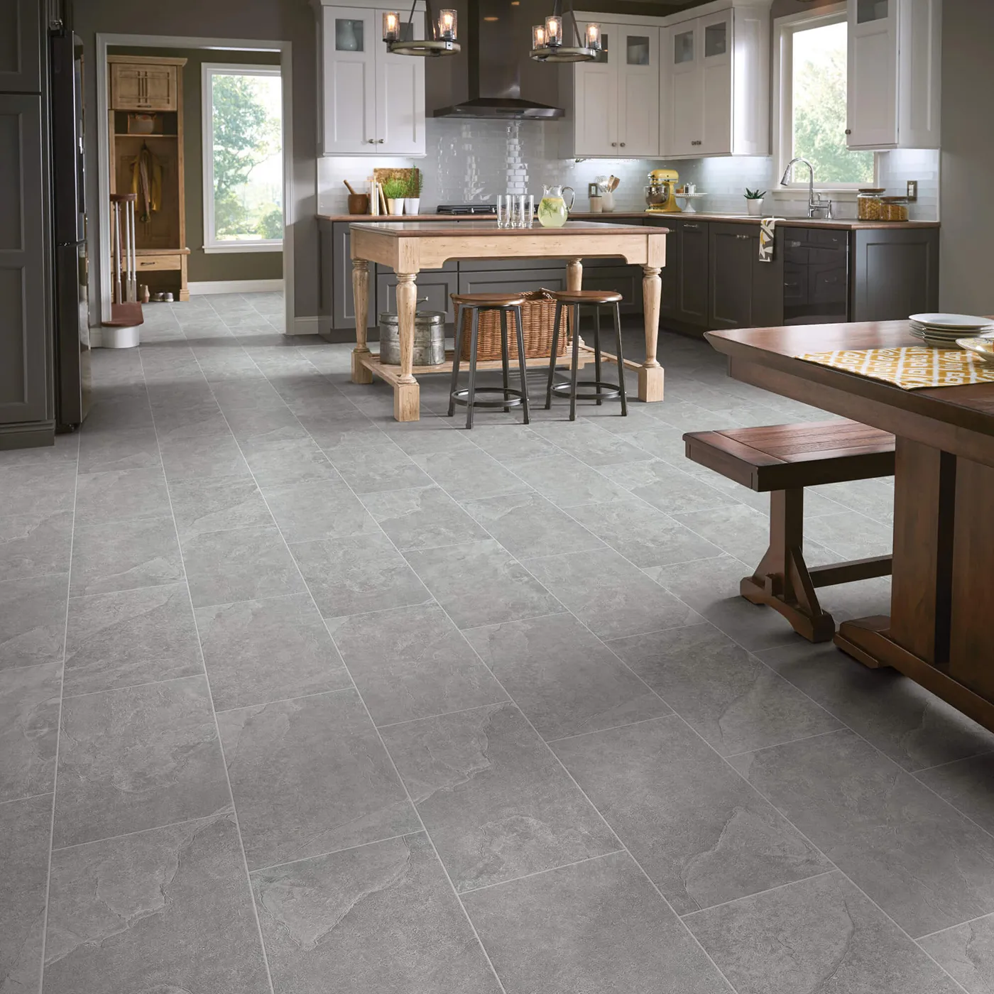 Shaw Floors Smoke gray large square tile in a kitchen | Kirkland's Flooring