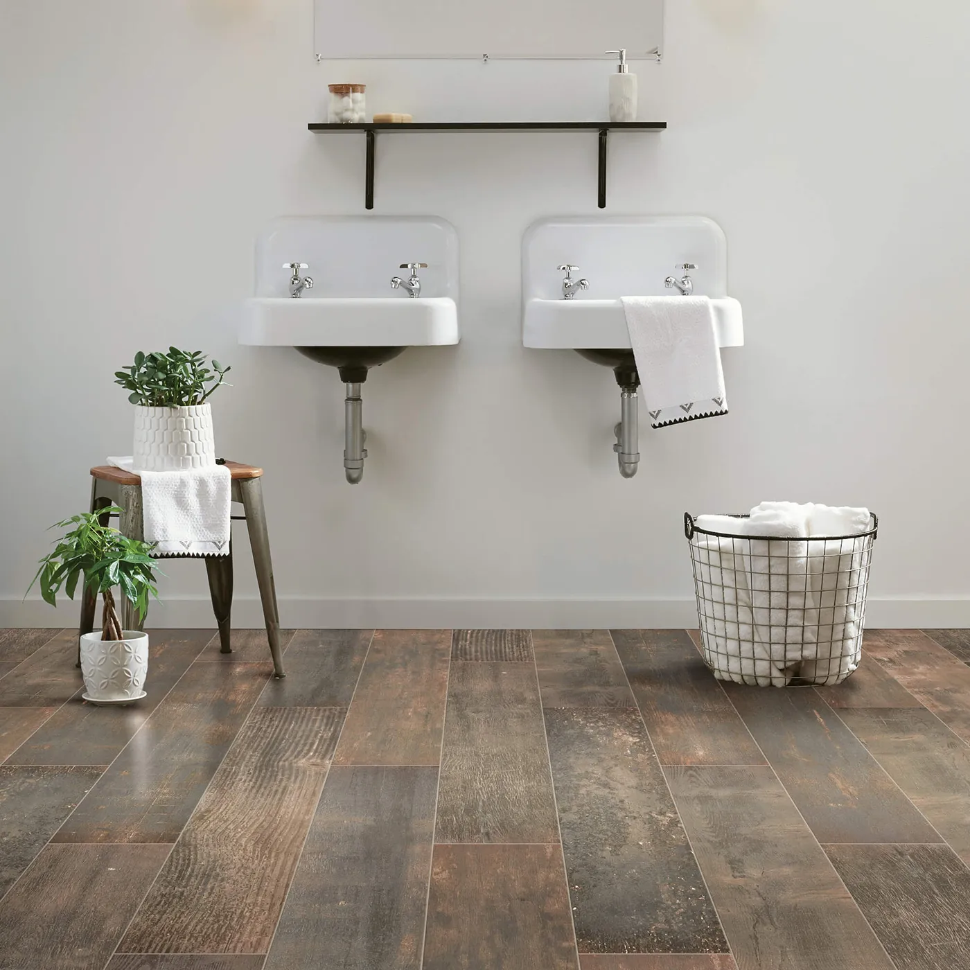 Shaw Floors tile with a dark, burned wood look, in a bathroom | Kirkland's Flooring