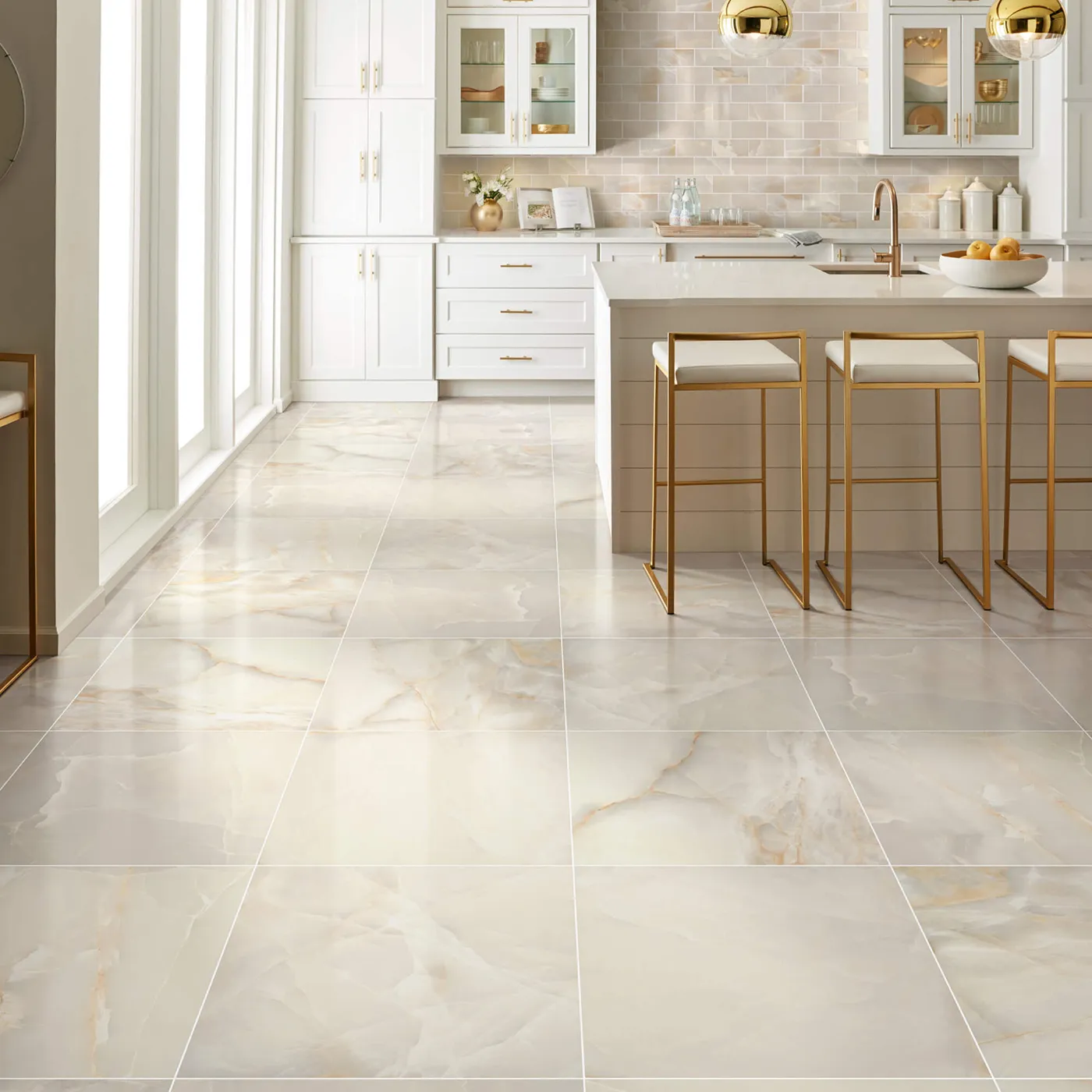 Shaw Floors Beige polished tile with subtle veining in a white kitchen | Kirkland's Flooring