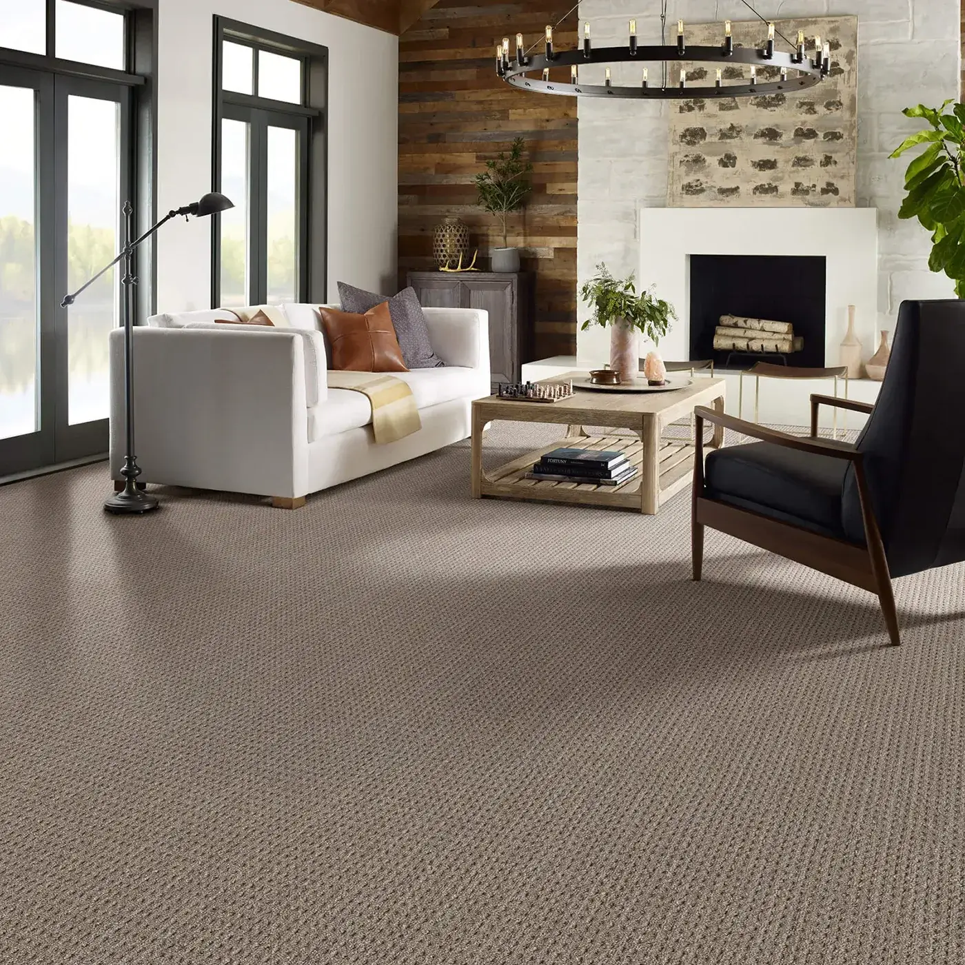 Brown Textured Shaw Floors carpet in rustic living room | Kirkland's Flooring