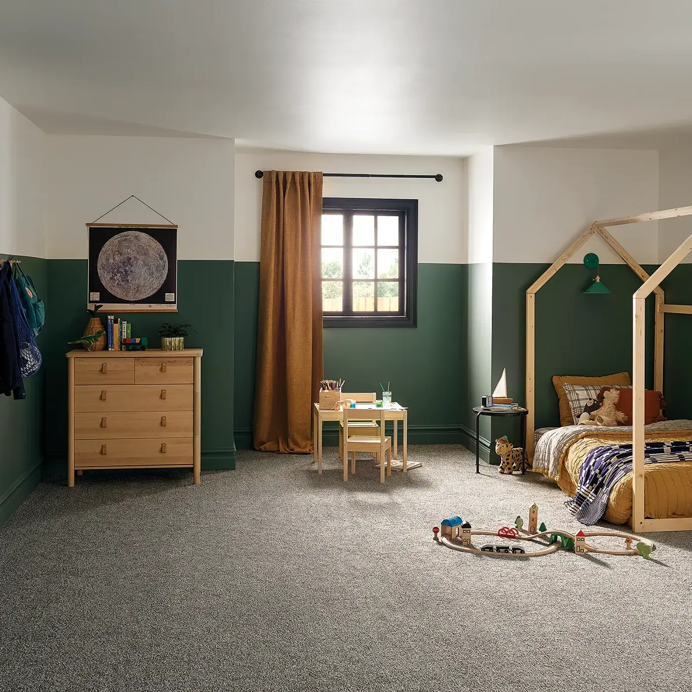 Gray Shaw Floors carpet in a warm colored kids bedroom | Kirkland's Flooring