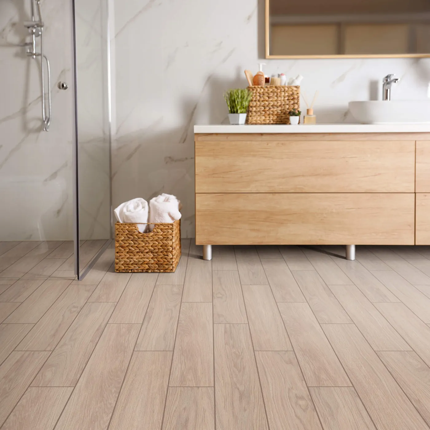 Shaw Floors tile with a light wood look, in a modern bathroom | Kirkland's Flooring