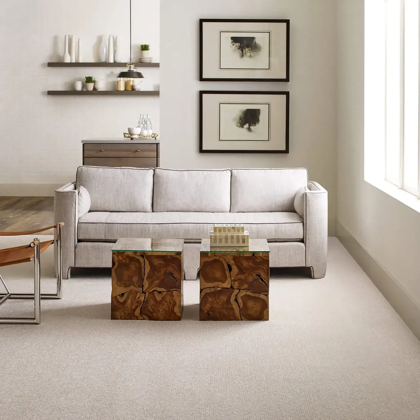 Light gray Shaw Floors carpet in a lightly colored living room | Kirkland's Flooring