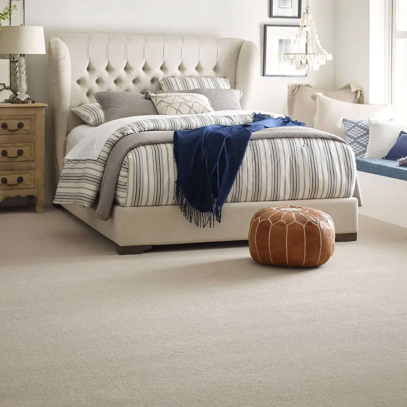 Cream colored Shaw Floors carpet in a contemporary bedroom | Kirkland's Flooring