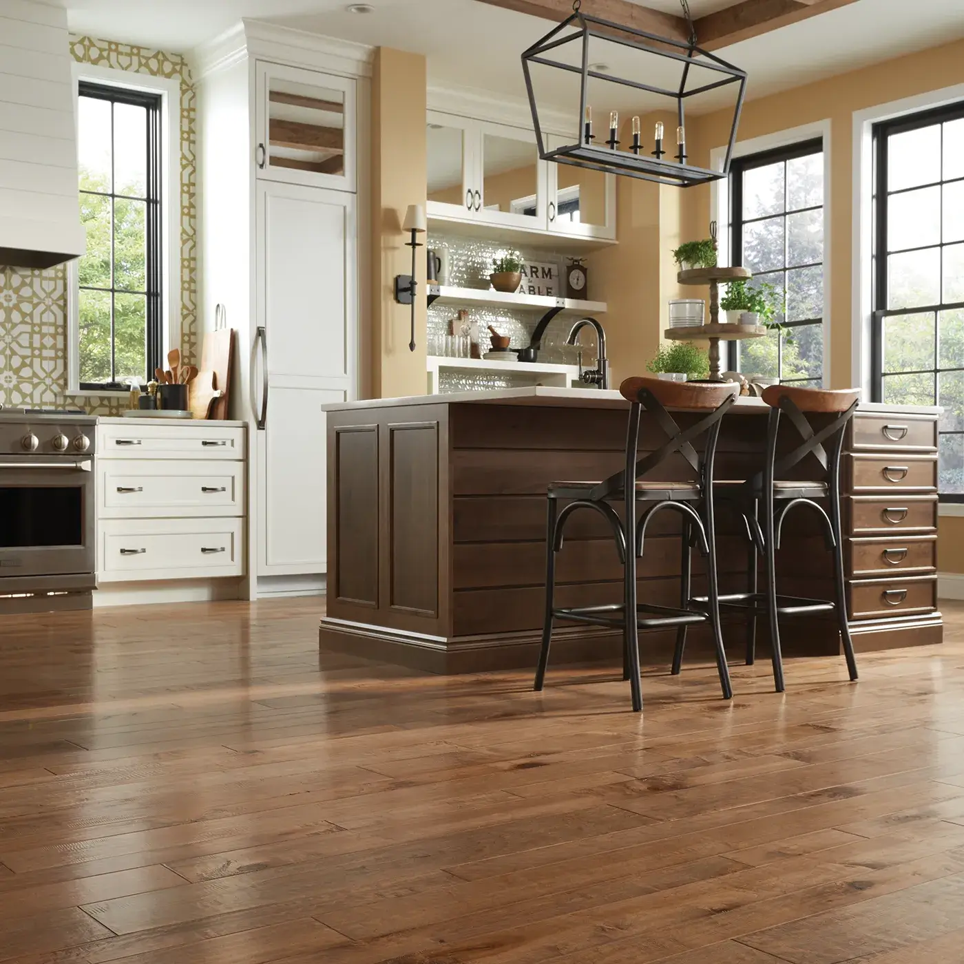 Medium brown hardwood flooring in a kitchen | Kirkland's Flooring