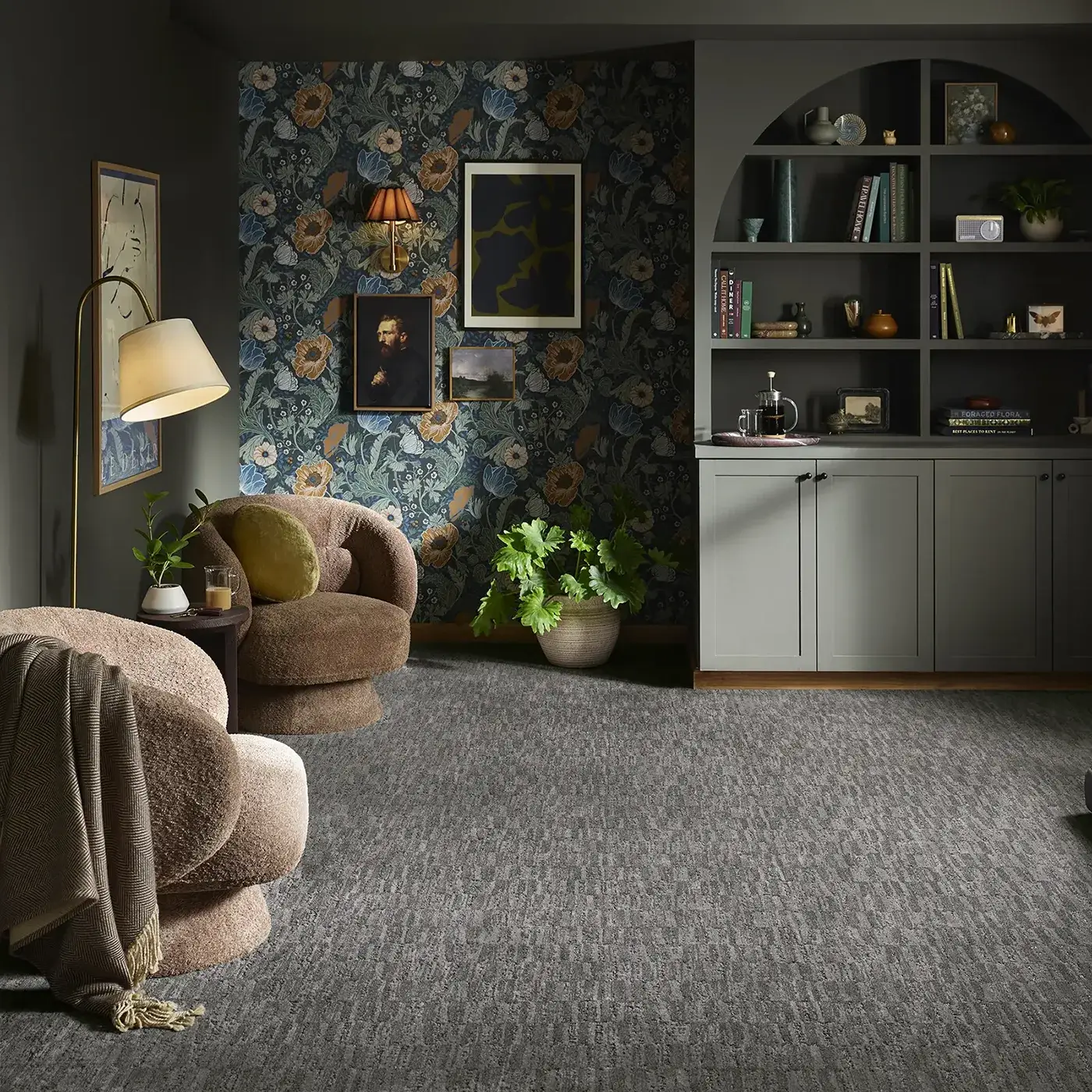 Dark gray Shaw Floors carpet in a botanical themed sitting room | Kirkland's Flooring
